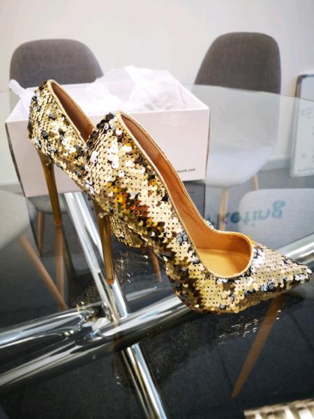 Ladies gold sequined heels