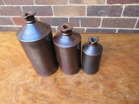 THREE GLAZED EARTHWARE BOTTLES - 70, 90 AND 105 MM DIAM. - AS PER SCAN