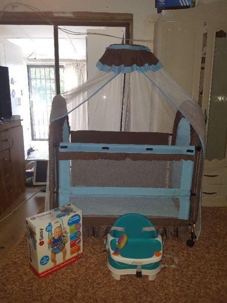 Baby crib, door jumper, stroller and feeding chair