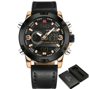 Naviforce 47.5mm Mens Dual Time Multifunction Fashion Watch With Genuine Leather Strap