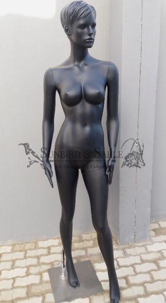 Full body female mannequin display black on silver base stand