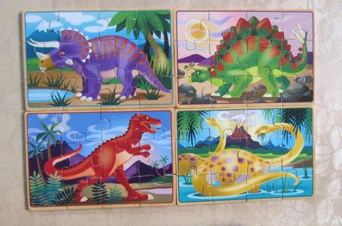 4 INDIVIDUAL 12 - PIECE WOODEN JIGSAW PUZZLES N WOODEN BOX - DINOSAURS - AS PER SCANI
