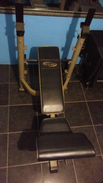 Trojan thick bar gym bench along with weights and dumbells