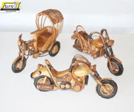 Collection of 2 Harley & 1 Tuk Tuk model bikes - Rattan & Wood - BIG