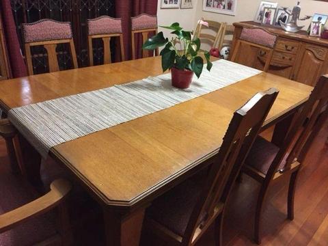 Antique 8-14 seater oak dining room suite with 8 chairs