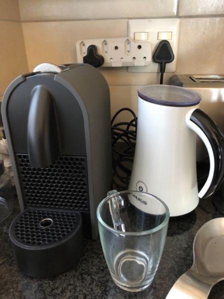Nespresso machine, milk frother and glass cups for sale