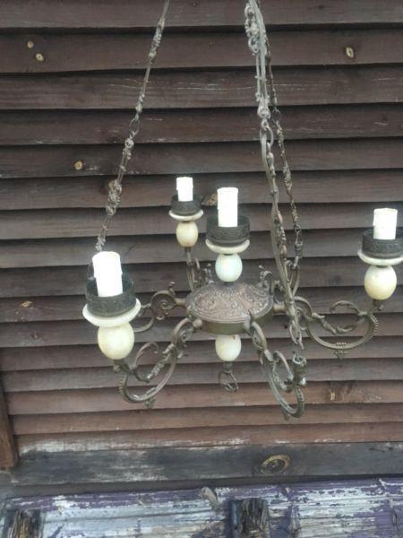 Rare 1920s brass and marble three arm chandelier