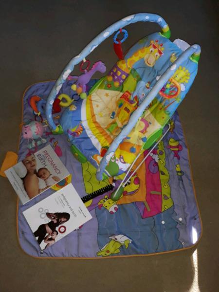 Baby bounce chair, mat, toys, books etc