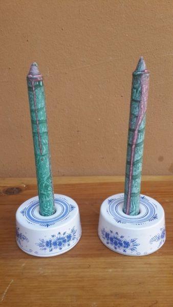 2 Blue and white candle holders