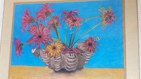 Shell and flowers Pastel Art by L J Robinson