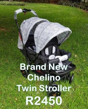 Brand New Chelino Twin Stroller (Black and White)