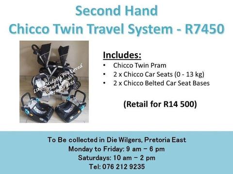 Second Hand Chicco Twin Travel System with Belted Bases
