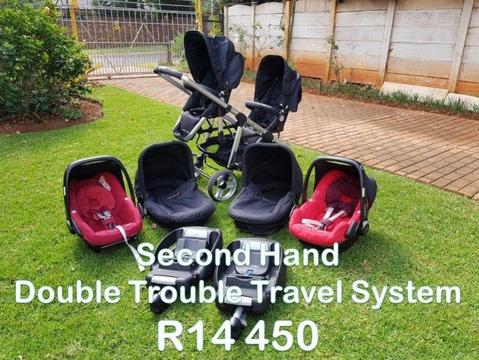 Second Hand Double Trouble Travel System with Red Maxi-Cosi Seats and Belted Bases