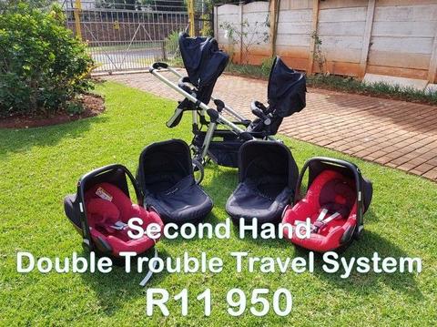 Second Hand Double Trouble Travel System with Pebble Car Seats