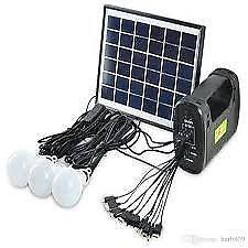 SOLAR LIGHTING SYSTEM - 3 LED BULBS - SOLAR PANEL - CHARGING UNIT - USB CABLE FOR CHARGING CELLPHONE