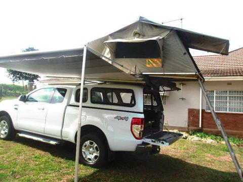 GREENSPORT ROOF TOP TENT BY EEZI AWN ON GALVANIZED ROOF RACK WITH AWNING ATTACHED