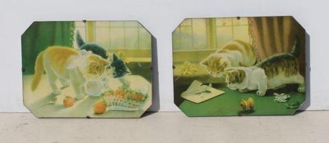 2 Vintage Cat Pictures with Glass Fronts