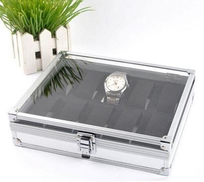 Aluminium/BLACK Watch Storage Case Bracelet Organiser Display Box Holders Glass Top