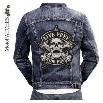 IRON ON EMBROIDERED PATCH - Live Free Five Angle Skull Motorcycle