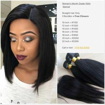 Womens Month Special. Grade 10A Brazilian and Peruvian Hair. Free Delivery. Contact 079 950 8309