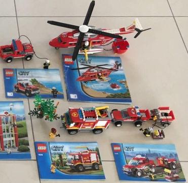 LEGO firefighting helicopter and fire trucks
