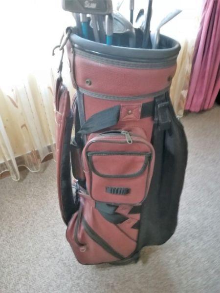 Complete Golf Set 13 Club Power Bilt Irons / Wedges With 3 Woods In A Stunning Leather Golf Bag!