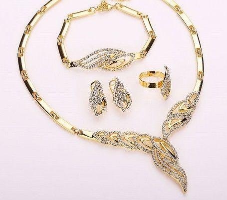 Gold Plated Fine Jewelry Set For Women Beads Collar Necklace Earrings Bracelet Rings Sets