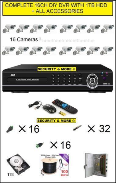 COMPLETE 16CH DIY DVR WITH 1TB HDD+ 16 CAMERAS + CABLE & ACCESSORIES