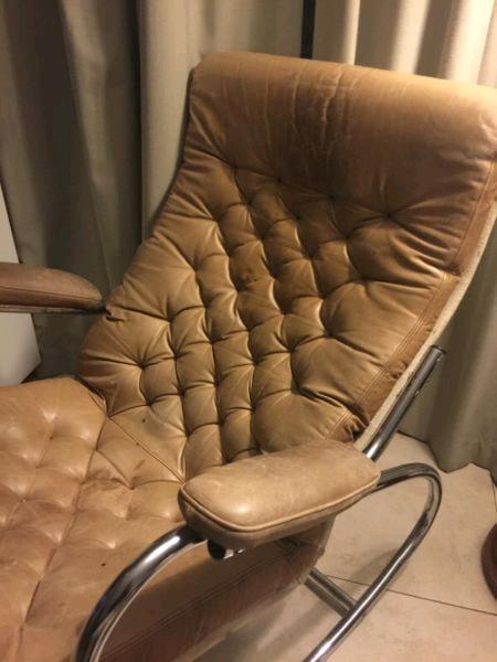 Mid Century Danish Designer Bruno Mathsson Chrome and Leather Rocking Chair
