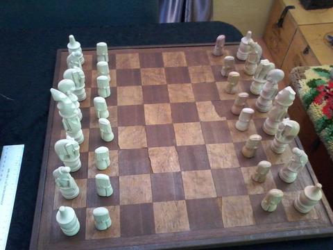 Chess set wooden board stone pieces