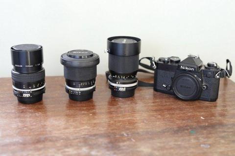 Nikkon FE3 Camera + 3 Nikkon MF lenses