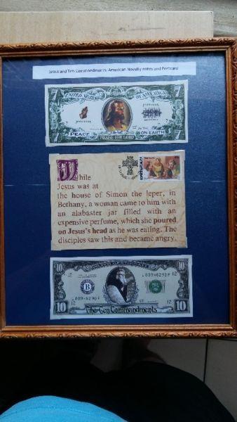 American Novelty notes of Jesus and Ten Commandments with Postcard with Jesus at Simon