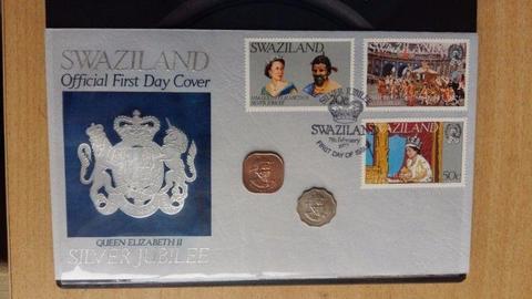 Swaziland Official FDC of Queen Elizabeth II Silver Jubilee and 1c and 5c coins