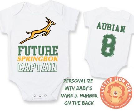 PERSONALISED SPRINGBOK RUGBY Baby Grow with NAME & NUMBER/Future Springbok Captain / Baby Shower
