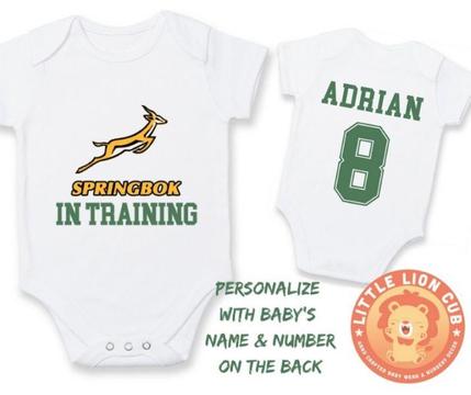PERSONALISED SPRINGBOK RUGBY Baby Grow with NAME & NUMBER/Springbok in Training / Baby Shower