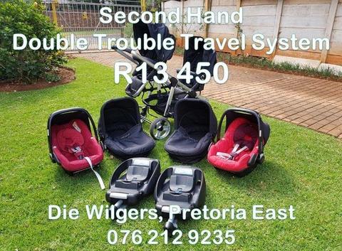 Second Hand Double Trouble Travel System with Maxi-Cosi Belted Bases