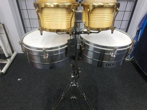 Bongo and timbale set with mic, mic stand and cable