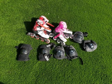 Kids roller blades and pads adjustable shoe sizes age 8 to 12