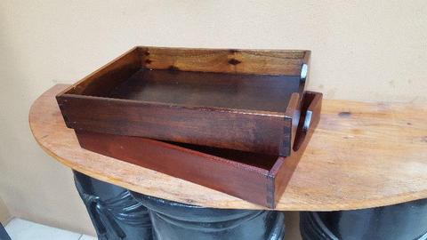 Beautiful pair of old wooden In / Out trays