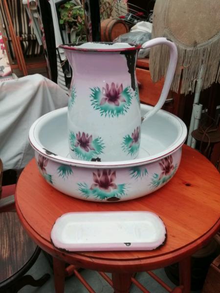 Enamel bowl, pitcher and soap dish