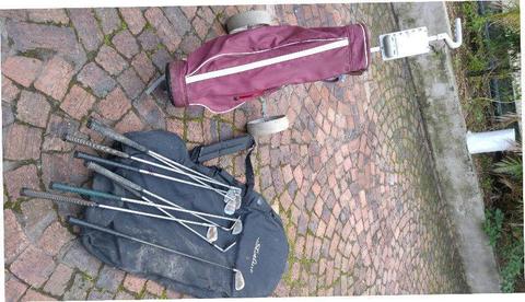 Golf cart, golf bag, golf clubs and travelling bag