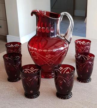 Bohemian Large Vintage Ruby Red Jug & Glasses