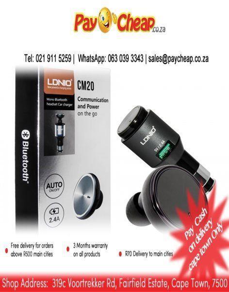 LDNIO 2 in 1 CM20 Mono Bluetooth Headset plus Car Charger With Auto On-Off Button Multiple Point con