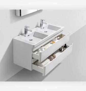 Contemporary Double Bathroom Vanity 1200 mm L, 2 drawers, White , ref KCM1200W