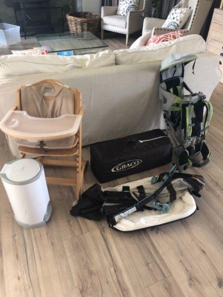 Wood Baby Chair, Travel Cot System, K-way Hiking Backpack, Nappy Bin Combo. R2500
