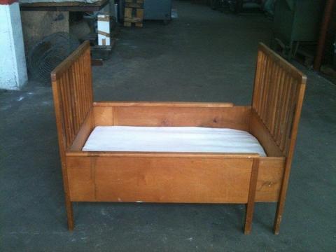 R650.00 ... Unusual Old Extendable Solid Wood Cot. Cot Size: 60 X 90 cm & Extended 60 X 170 cm