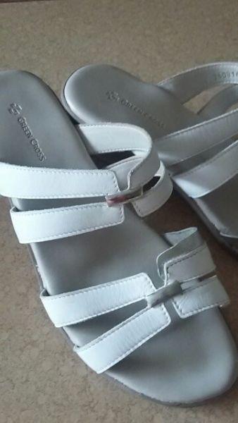 Green Cross leather summer slip on sandals white and silver size 6