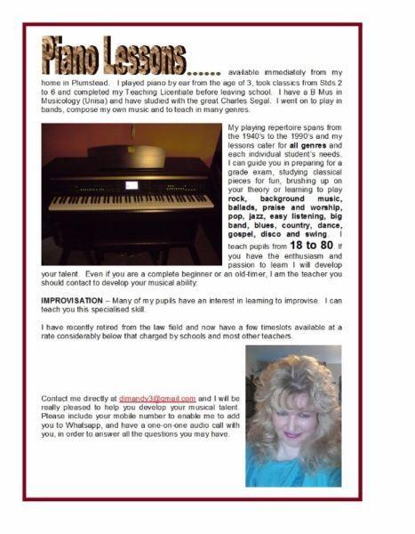 Improvisation piano lessons by highly skilled teacher in Plumstead