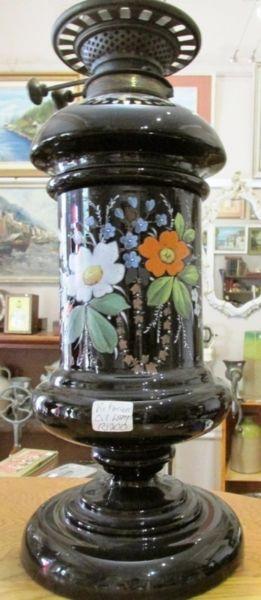 Large Victorian, hand painted black glass, oil lamp stand. Exquisite!