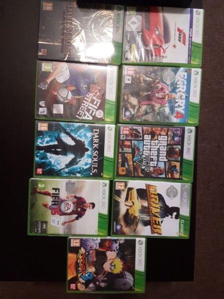 Xbox360 500GB, 2 wireless controllers, 4 rechargeable batteries, charger, HDMI cable, over 10 games